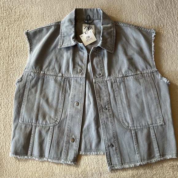 NWT ZARA Gray Cropped Oversized Denim Vest S - Picture 5 of 13